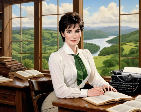 Poised Woman at Desk with Typewriter and Scenic View