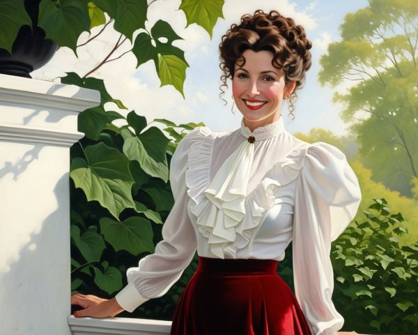 Elegant Woman in White Blouse and Red Skirt Outdoors