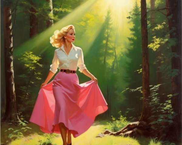 Glamorous Woman in Sunlit Forest with Flowing Skirt