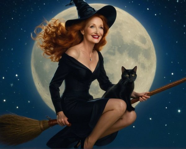 Charismatic Witch with Cat Riding Broomstick at Night