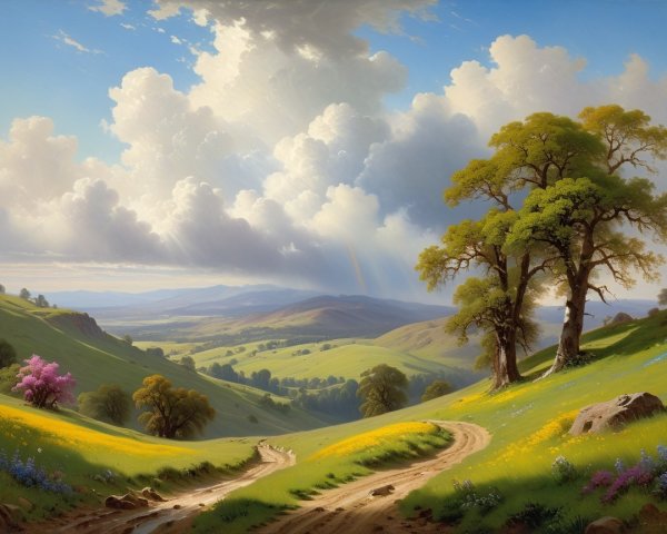 Picturesque Landscape with Rolling Hills and Wildflowers