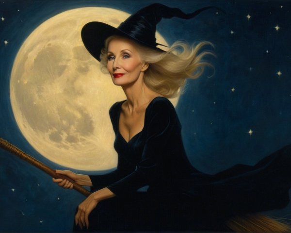 Elegant Woman on Broom Under Full Moon and Stars