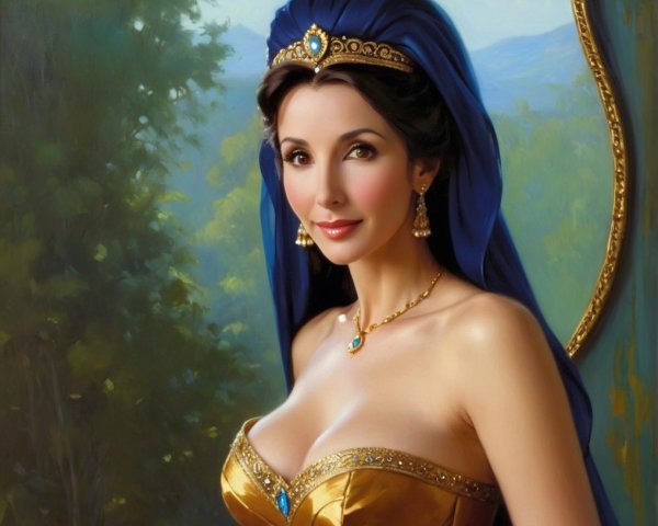 Elegant woman in gold dress with jeweled tiara