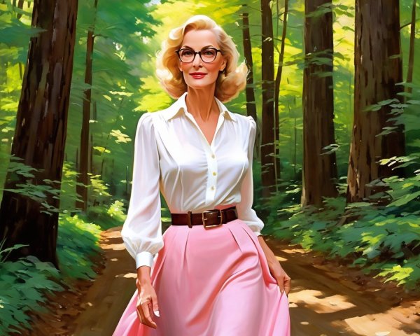 Stylish Woman in Forest Path Surrounded by Nature