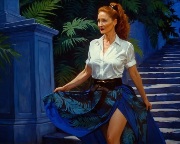 Woman on Staircase in Tropical Greenery Outfit