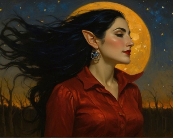 Portrait of a woman with black hair and full moon backdrop