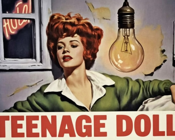 Retro Illustration of Young Woman with Neon Sign