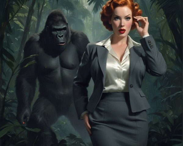 Glamorous Woman in Suit with Gorilla in Jungle Setting