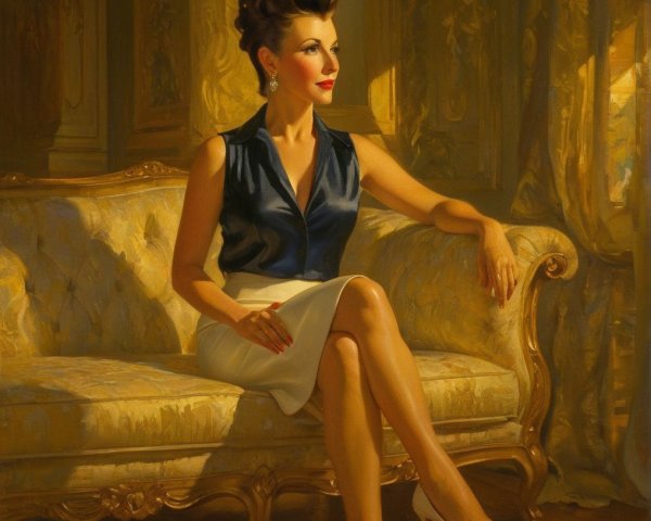 Elegant Woman on Ornate Sofa in Golden Light