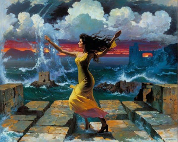 Dramatic Seascape with Woman in Yellow Dress