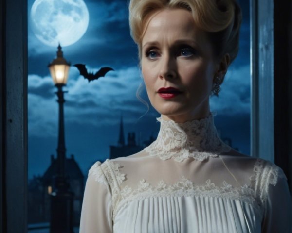 Elegant Woman in Vintage Dress by Moonlit Window