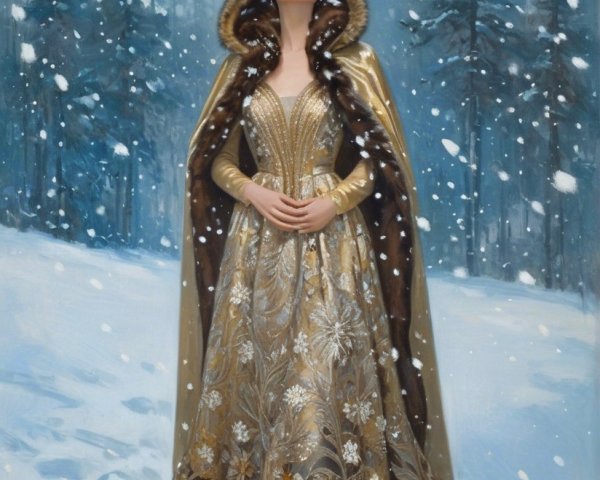 Regal Woman in Gold Gown in Snowy Forest Setting