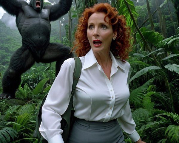 Startled Woman in Jungle with Roaring Gorilla