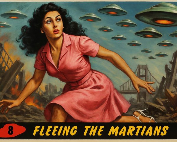 Vintage Sci-Fi Painting of Woman Fleeing Flying Saucers