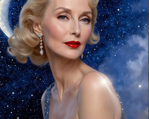 Glamorous Woman in Silver Gown Under Starry Sky