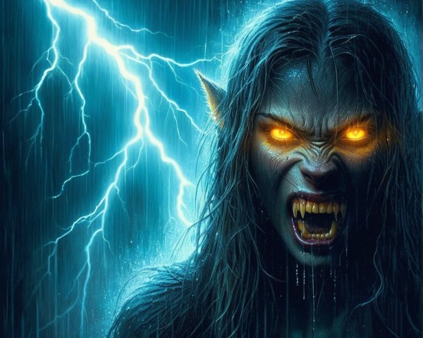 Mythical creature with glowing eyes and wet hair