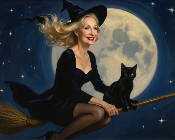 Whimsical Witch on Broomstick Under Full Moon