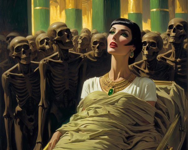 Ancient Burial Scene with Adorned Woman and Skeletons