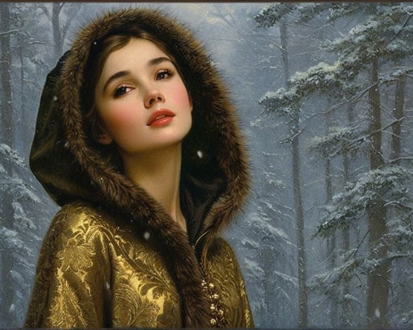Young Woman in Golden Cloak in Snowy Forest
