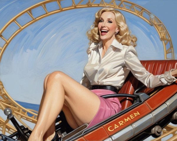 Glamorous Woman Enjoys Roller Coaster Ride in Amusement Park