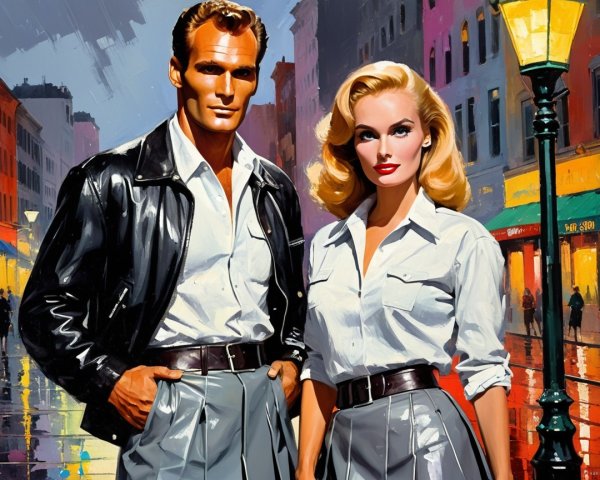 Vintage Couple Under Streetlamp on Rainy City Street