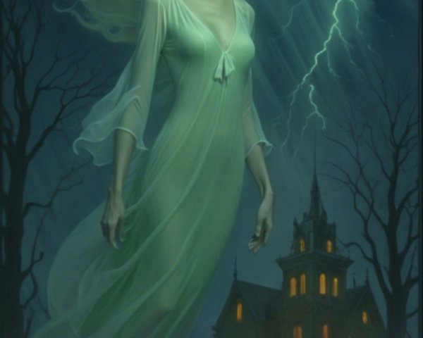 Ghostly Figure in Ethereal Gown in Dark Landscape