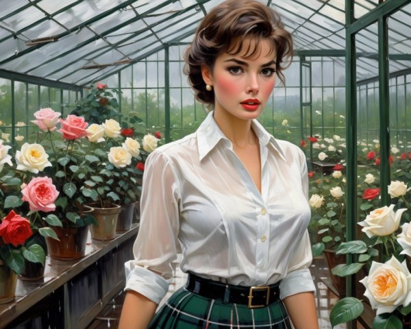 Elegant Woman in Greenhouse Surrounded by Roses