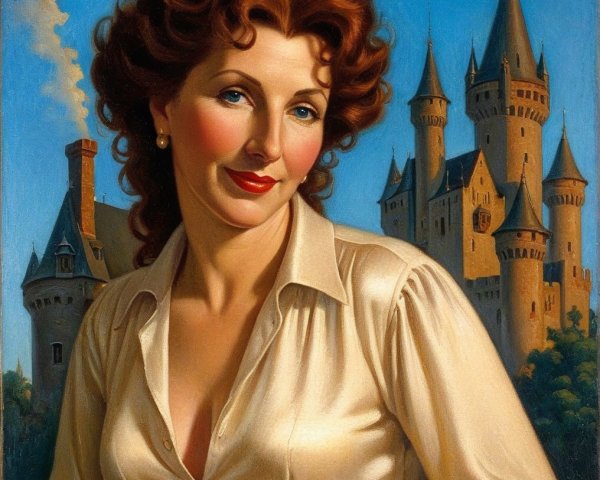 Portrait of a woman with red hair by a fairy-tale castle
