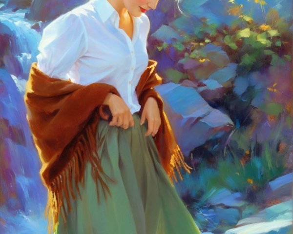 Young Woman by Gentle Stream in Serene Outdoor Scene