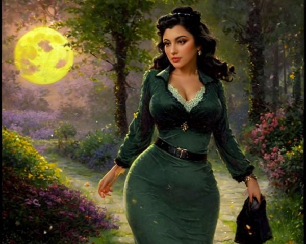Woman in Green Dress on Moonlit Flower Path