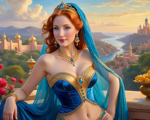 Elegant Woman in Blue and Gold Outfit with Palace Background