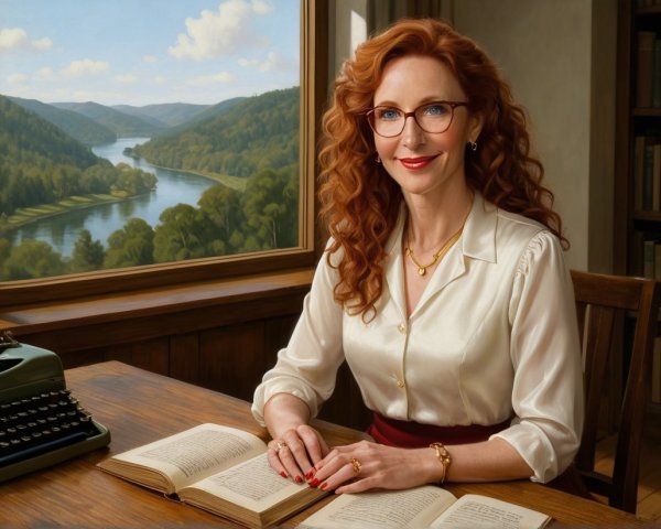 Woman with Red Hair at Desk Overlooking Mountains