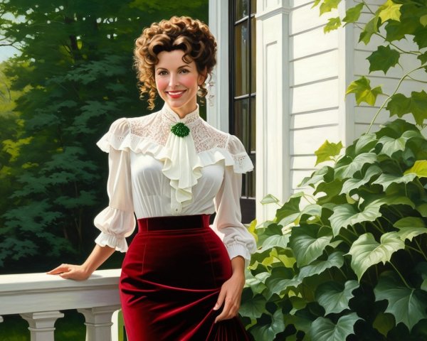 Elegant Woman in Vintage Attire on a Porch