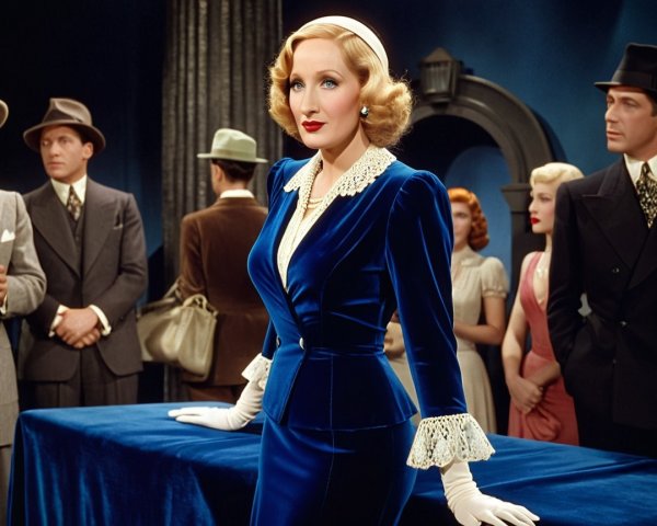 Glamorous Woman in Blue Velvet Dress with Vintage Onlookers