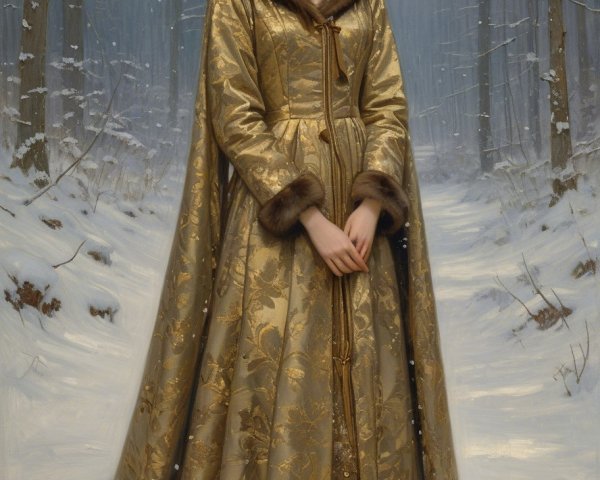 Young Woman in Golden Gown in Snowy Forest