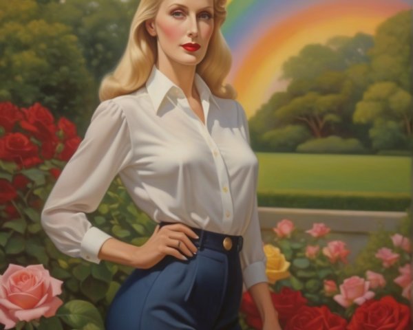 Glamorous Woman in Elegant Attire Against Vibrant Landscape