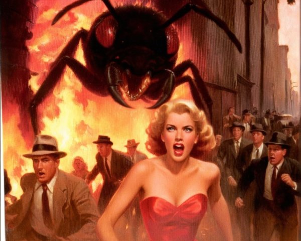 Blonde Woman in Red Dress Amidst Giant Ant Panic Scene