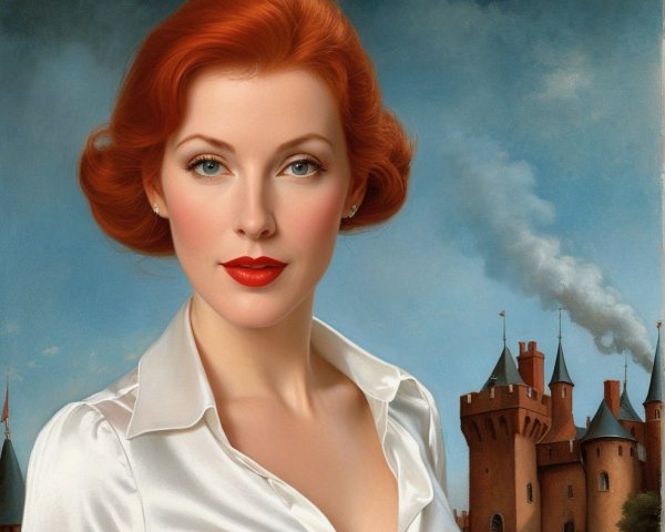 Portrait of a Woman with Red Hair and Castle Background