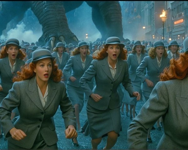 Crowd of Women in Gray Suits Fleeing from Creature