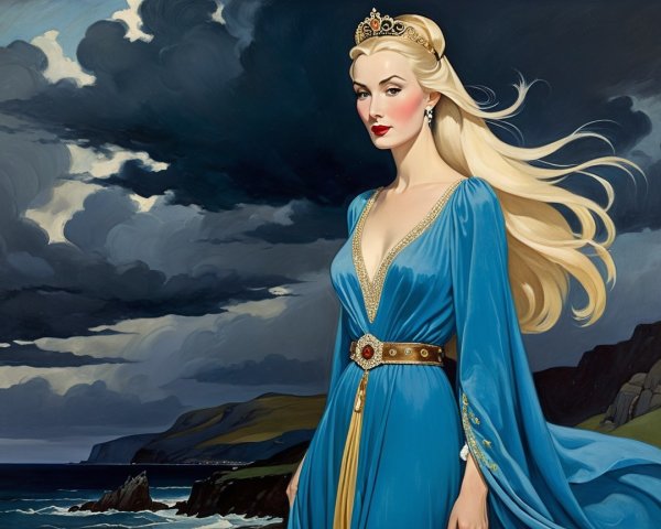Regal figure in blue gown against dramatic sky