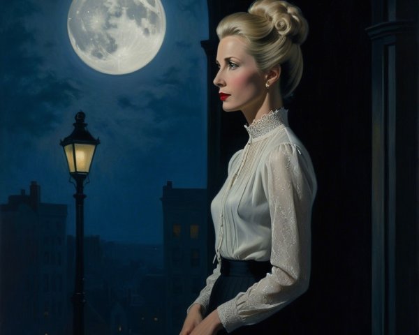 Elegant Woman in Vintage Attire Under Full Moonlight