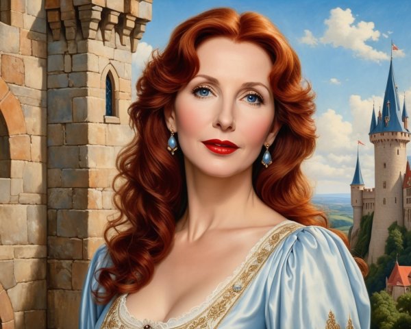 Regal Woman in Blue Gown with Castle Background