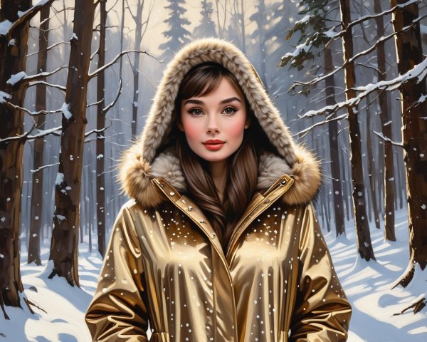 Young woman in golden coat in snowy forest setting
