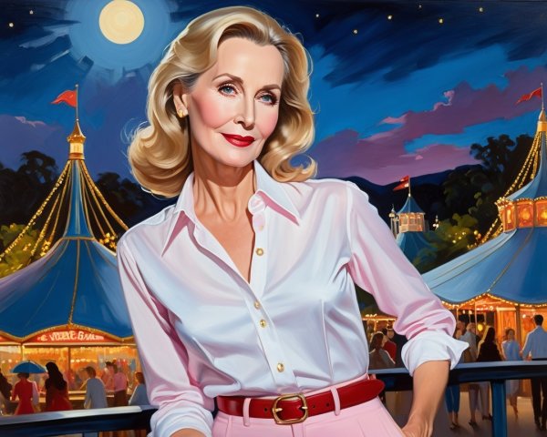 Glamorous Woman at Night Carnival with Festive Lights