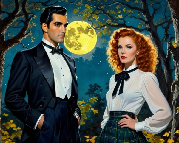 Stylish Couple in Moonlit Forest with Elegant Attire