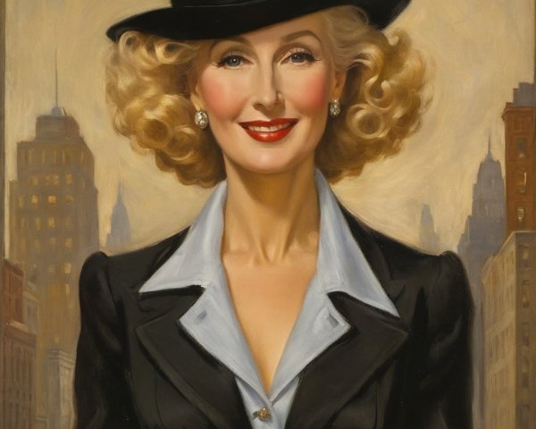 Glamorous Woman in Black Suit and Vintage Cityscape