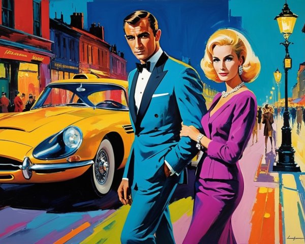 Glamorous Couple in Retro City Scene at Dusk