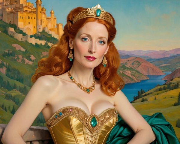 Regal Woman in Golden Gown with Castle Backdrop