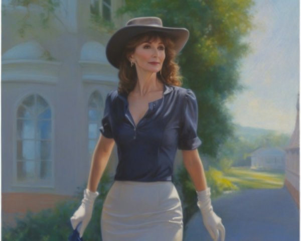 Elegant Woman in Navy Blouse and Cream Skirt