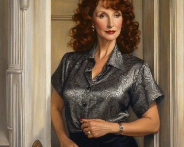 Sophisticated Woman in Silver Blouse at Doorway